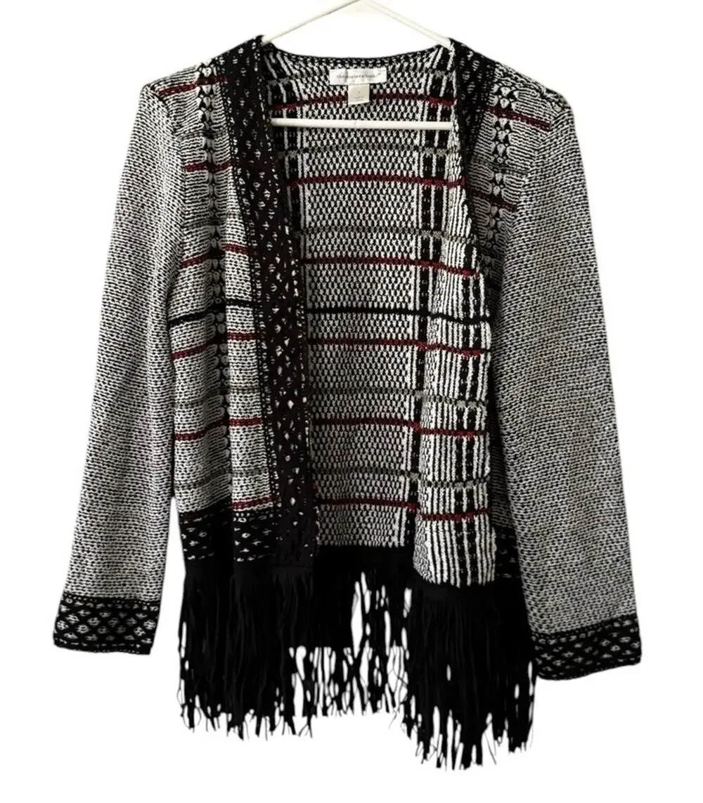 Christopher & Banks Women Size Small Open Front Crochet Faux Suede Fringe Chic